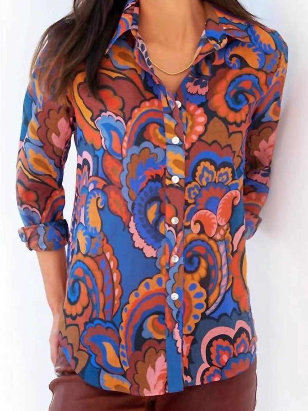 Finley Blue Multi-Color Printed Button-Up fine cotton Blouse S